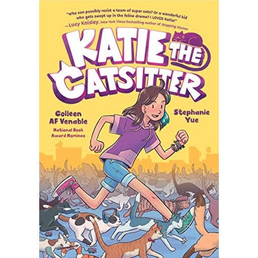 Book cover of "Katie the Catsitter" with a girl running amidst cats in front of a cityscape.